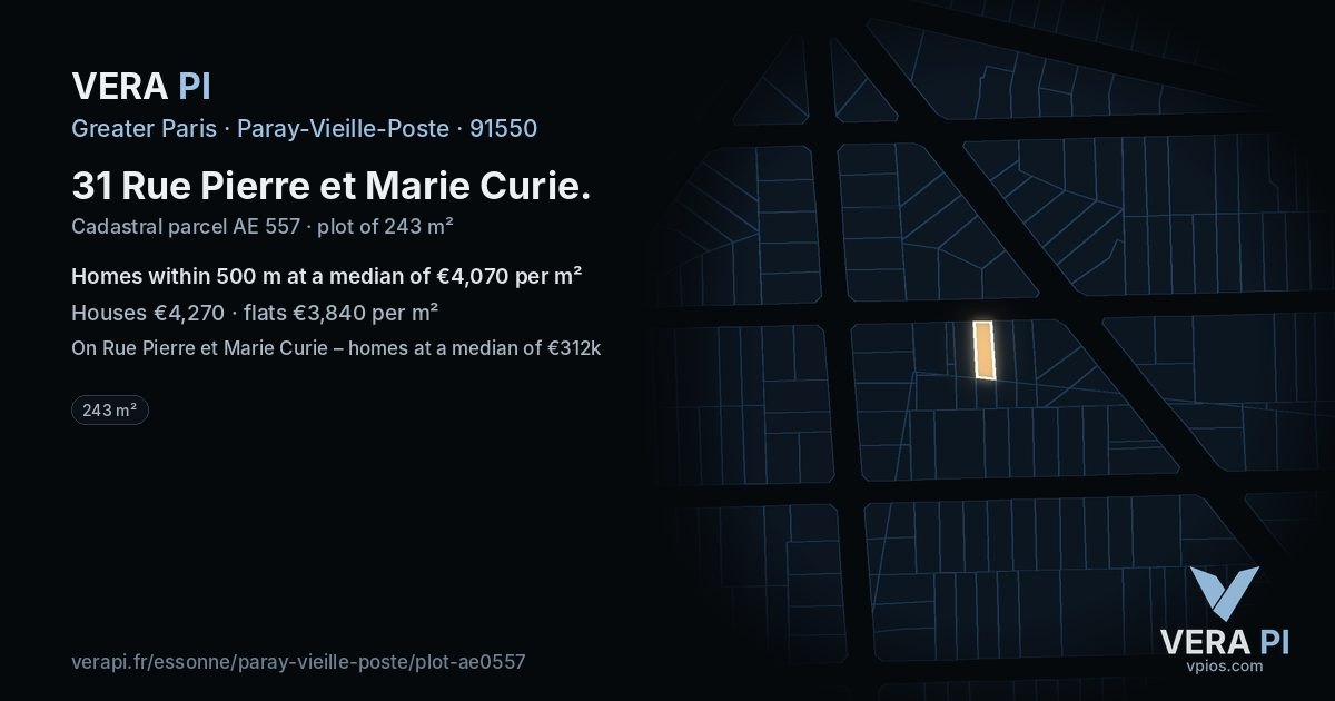 31 Rue Pierre et Marie Curie, Paray-Vieille-Poste at night – the plot lit, the parcels around coloured by the prices near them