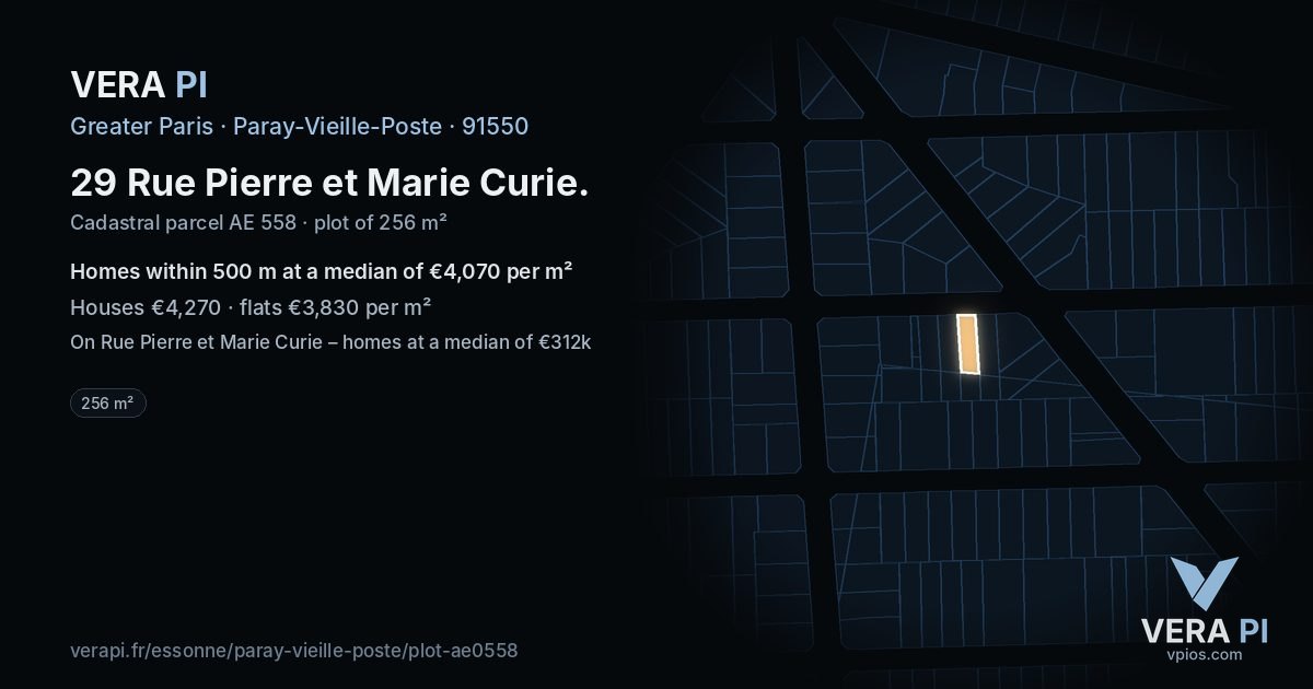 29 Rue Pierre et Marie Curie, Paray-Vieille-Poste at night – the plot lit, the parcels around coloured by the prices near them