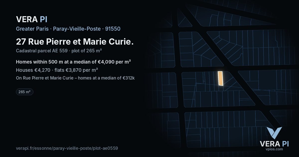 27 Rue Pierre et Marie Curie, Paray-Vieille-Poste at night – the plot lit, the parcels around coloured by the prices near them