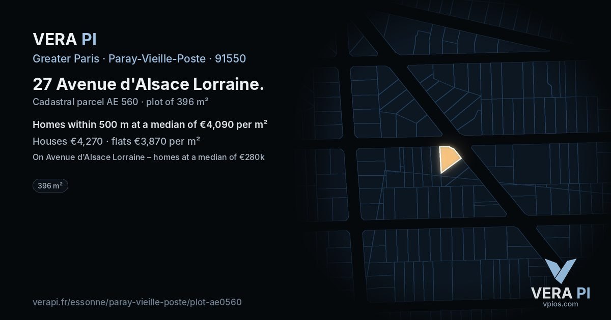 27 Avenue d'Alsace Lorraine, Paray-Vieille-Poste at night – the plot lit, the parcels around coloured by the prices near them