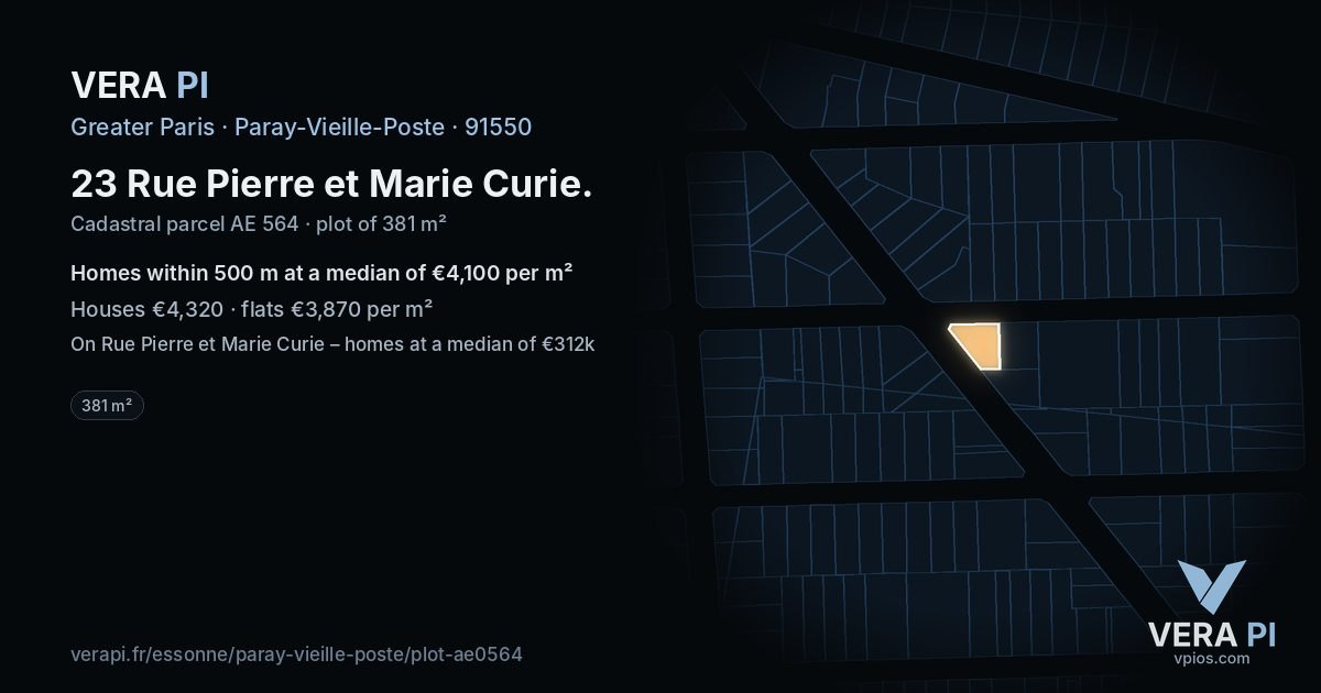 23 Rue Pierre et Marie Curie, Paray-Vieille-Poste at night – the plot lit, the parcels around coloured by the prices near them