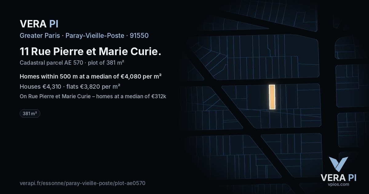 11 Rue Pierre et Marie Curie, Paray-Vieille-Poste at night – the plot lit, the parcels around coloured by the prices near them