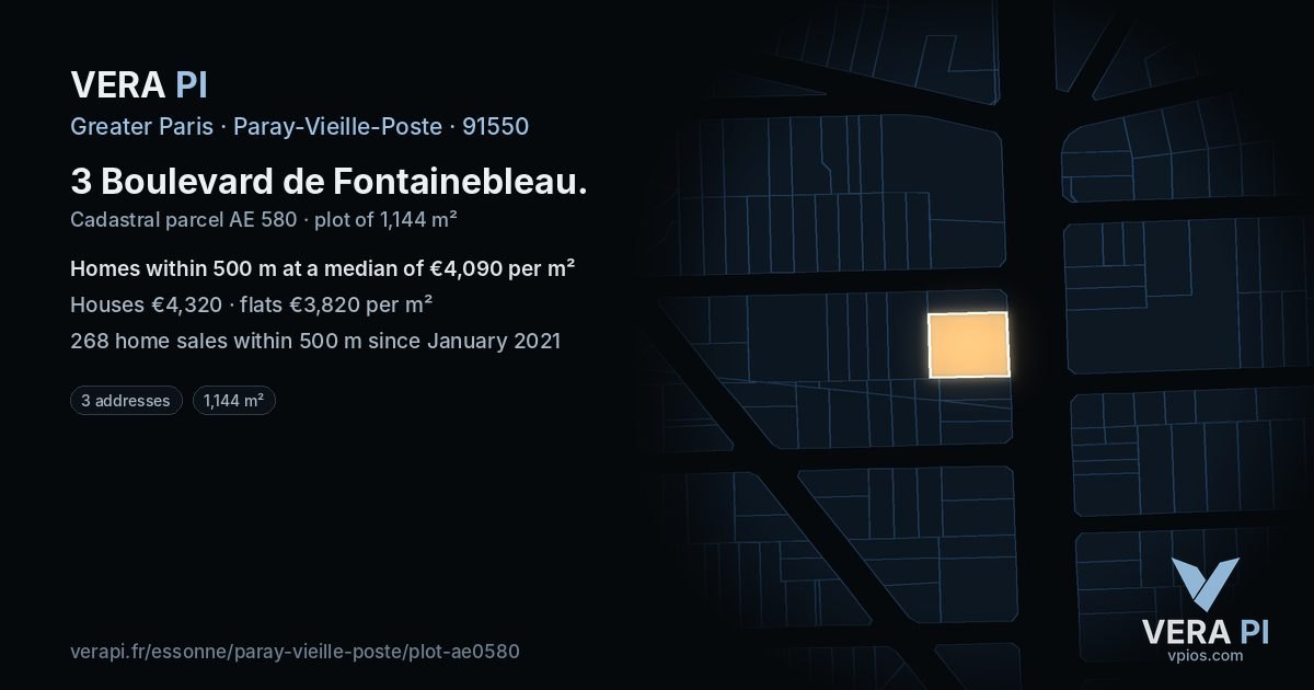 3 Boulevard de Fontainebleau, Paray-Vieille-Poste at night – the plot lit, the parcels around coloured by the prices near them