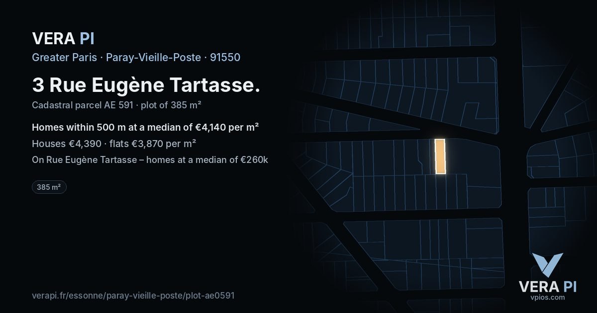 3 Rue Eugène Tartasse, Paray-Vieille-Poste at night – the plot lit, the parcels around coloured by the prices near them