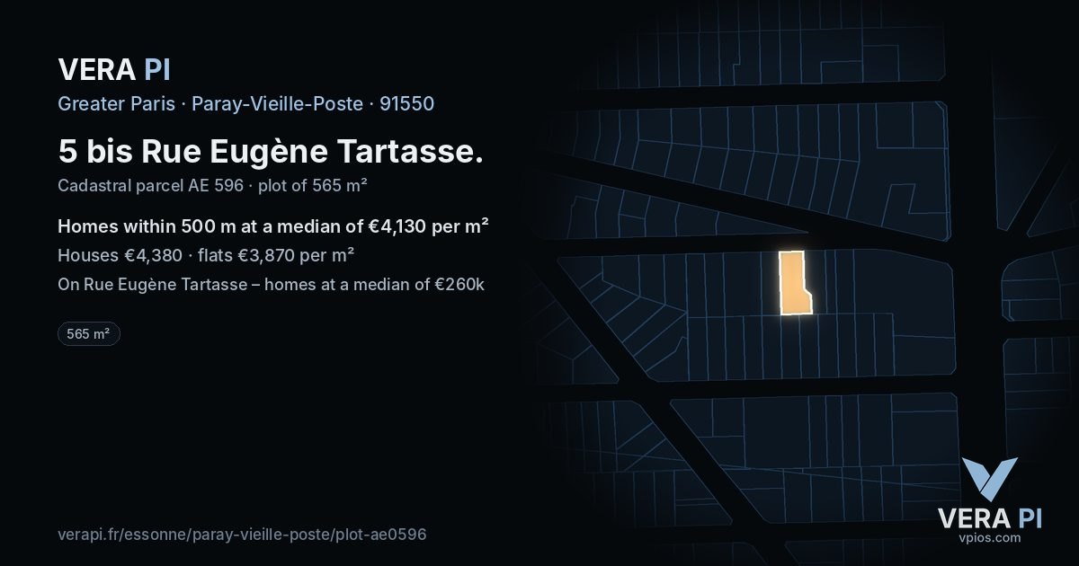 5 bis Rue Eugène Tartasse, Paray-Vieille-Poste at night – the plot lit, the parcels around coloured by the prices near them
