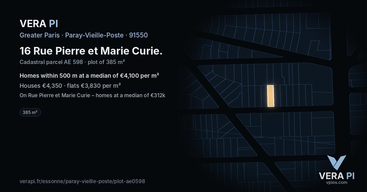 16 Rue Pierre et Marie Curie, Paray-Vieille-Poste at night – the plot lit, the parcels around coloured by the prices near them