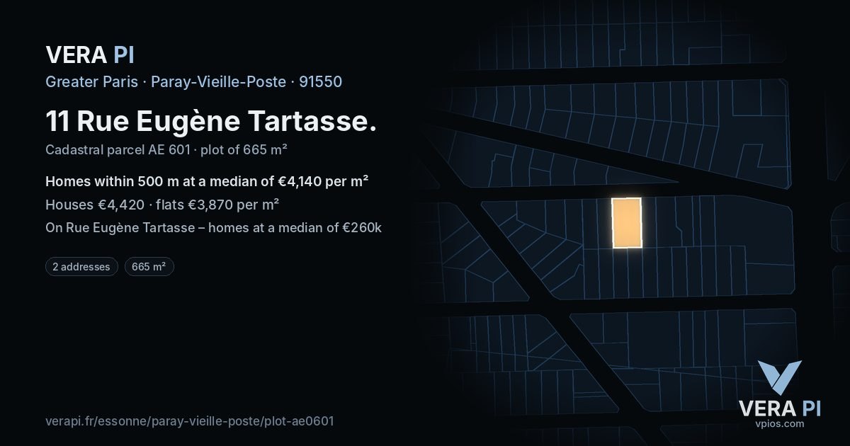 11 Rue Eugène Tartasse, Paray-Vieille-Poste at night – the plot lit, the parcels around coloured by the prices near them