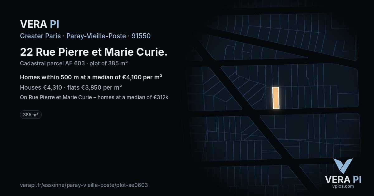 22 Rue Pierre et Marie Curie, Paray-Vieille-Poste at night – the plot lit, the parcels around coloured by the prices near them