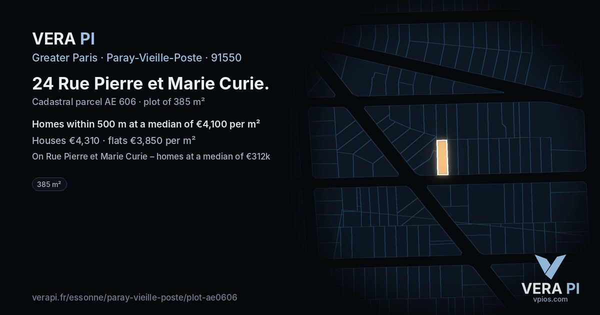 24 Rue Pierre et Marie Curie, Paray-Vieille-Poste at night – the plot lit, the parcels around coloured by the prices near them