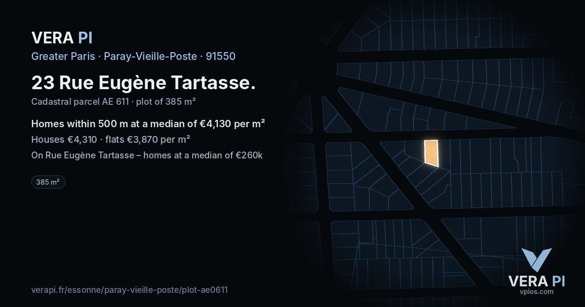 23 Rue Eugène Tartasse, Paray-Vieille-Poste at night – the plot lit, the parcels around coloured by the prices near them