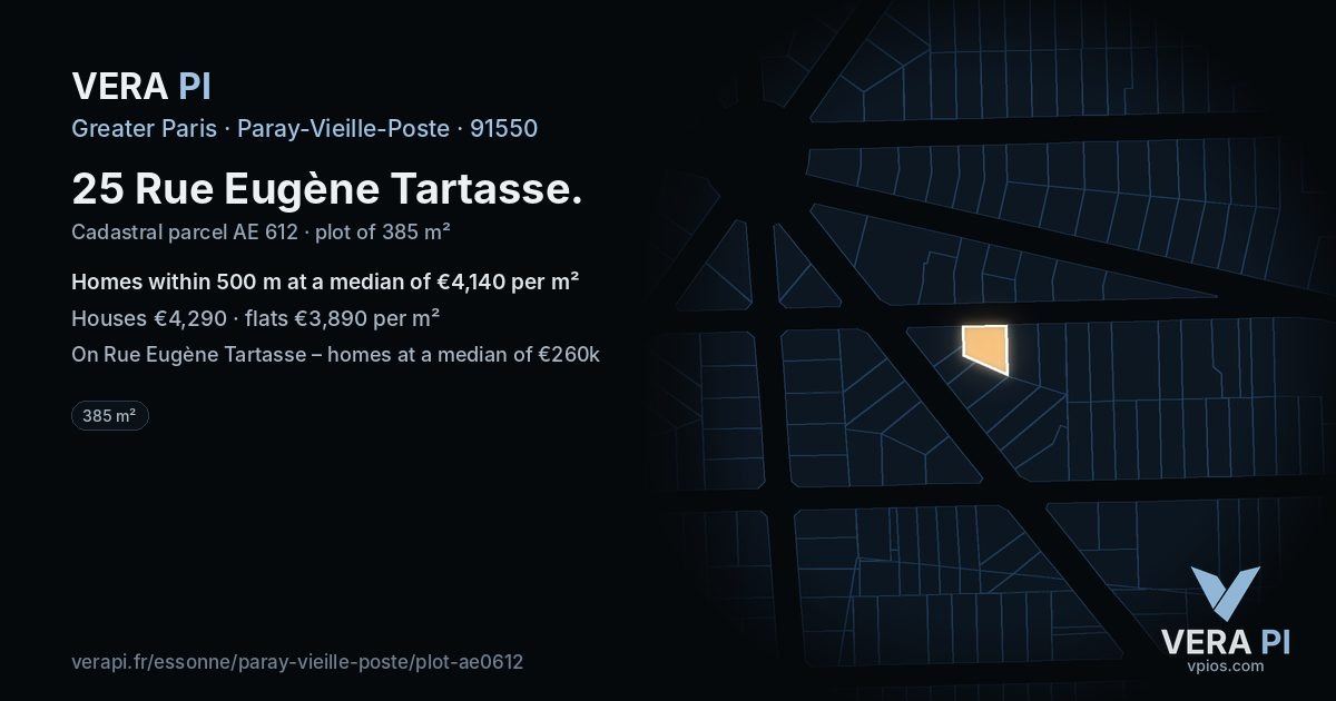 25 Rue Eugène Tartasse, Paray-Vieille-Poste at night – the plot lit, the parcels around coloured by the prices near them