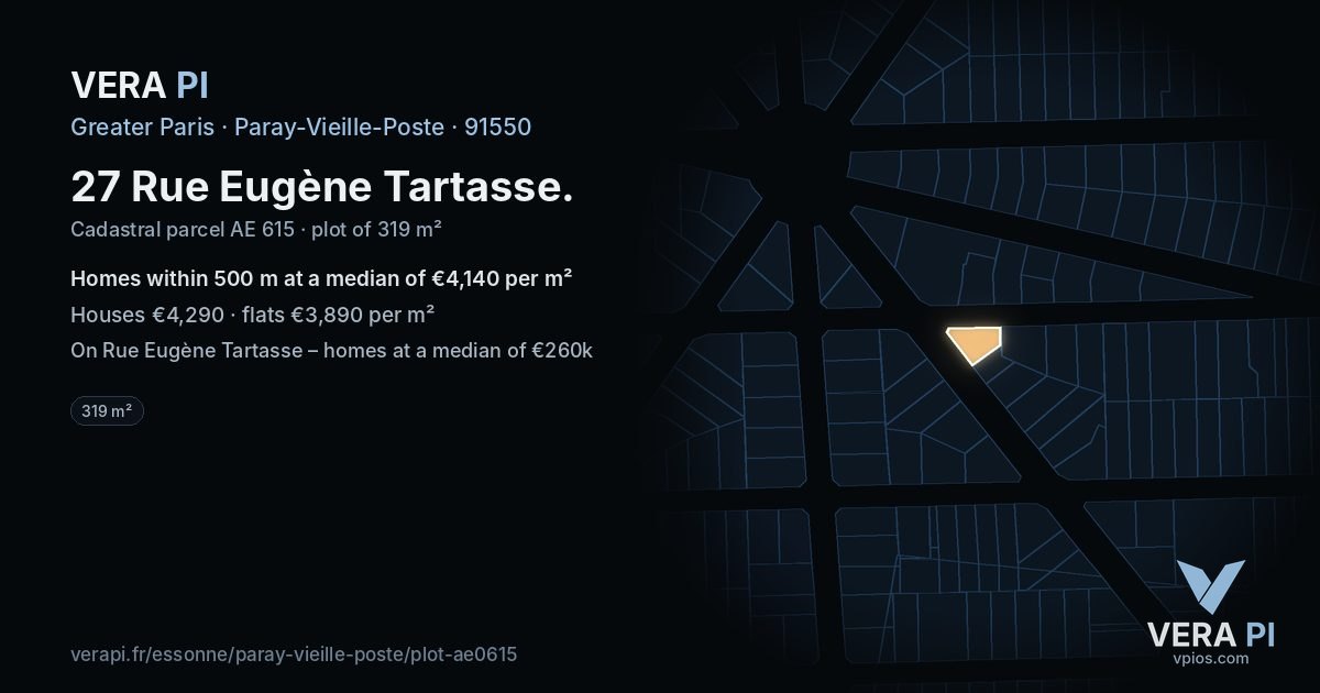 27 Rue Eugène Tartasse, Paray-Vieille-Poste at night – the plot lit, the parcels around coloured by the prices near them