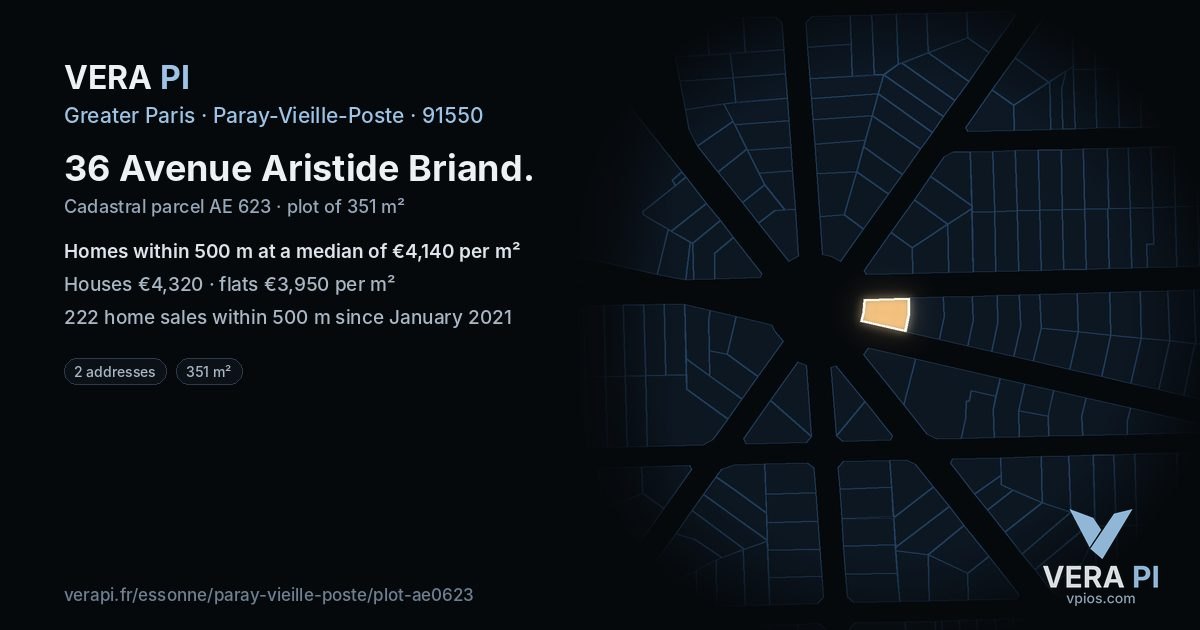 36 Avenue Aristide Briand, Paray-Vieille-Poste at night – the plot lit, the parcels around coloured by the prices near them