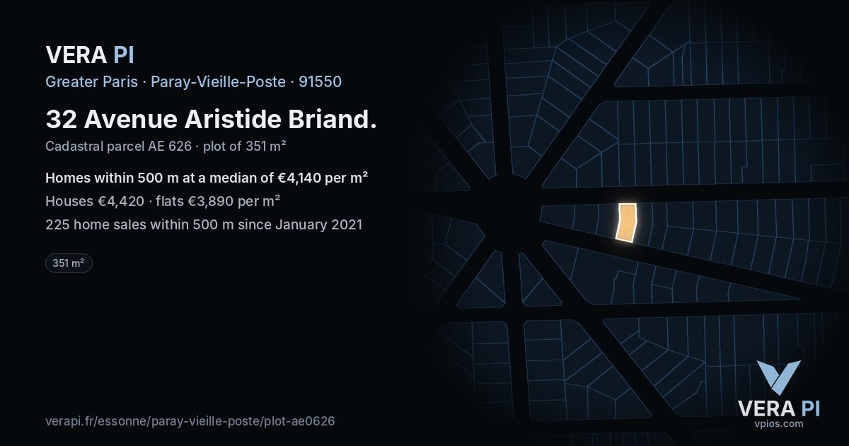 32 Avenue Aristide Briand, Paray-Vieille-Poste at night – the plot lit, the parcels around coloured by the prices near them