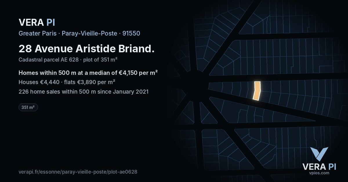 28 Avenue Aristide Briand, Paray-Vieille-Poste at night – the plot lit, the parcels around coloured by the prices near them