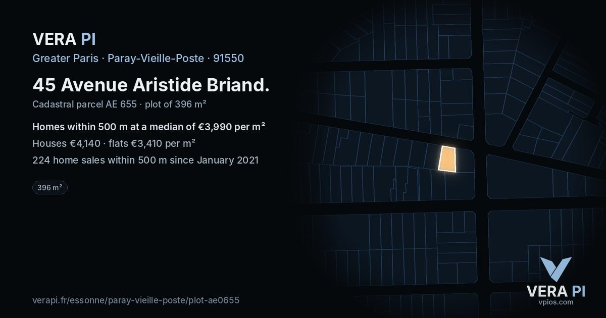45 Avenue Aristide Briand, Paray-Vieille-Poste at night – the plot lit, the parcels around coloured by the prices near them