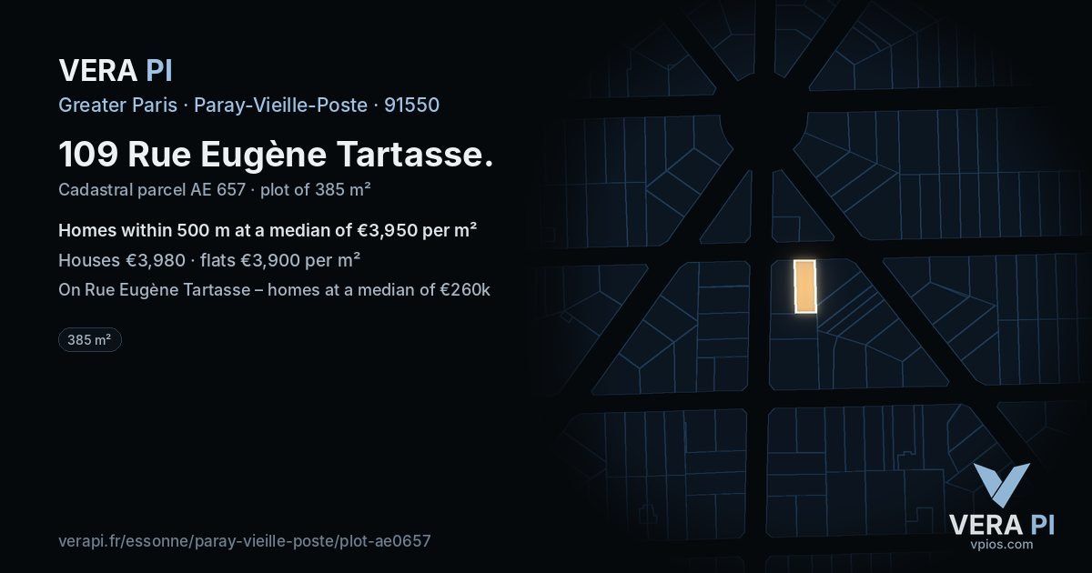 109 Rue Eugène Tartasse, Paray-Vieille-Poste at night – the plot lit, the parcels around coloured by the prices near them