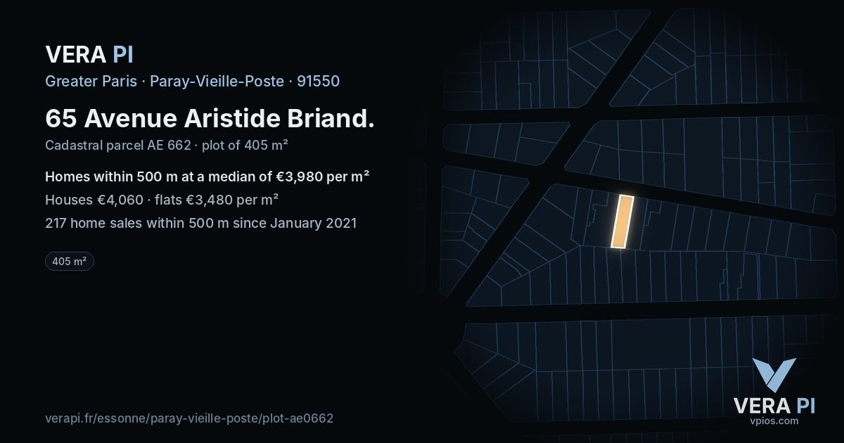 65 Avenue Aristide Briand, Paray-Vieille-Poste at night – the plot lit, the parcels around coloured by the prices near them
