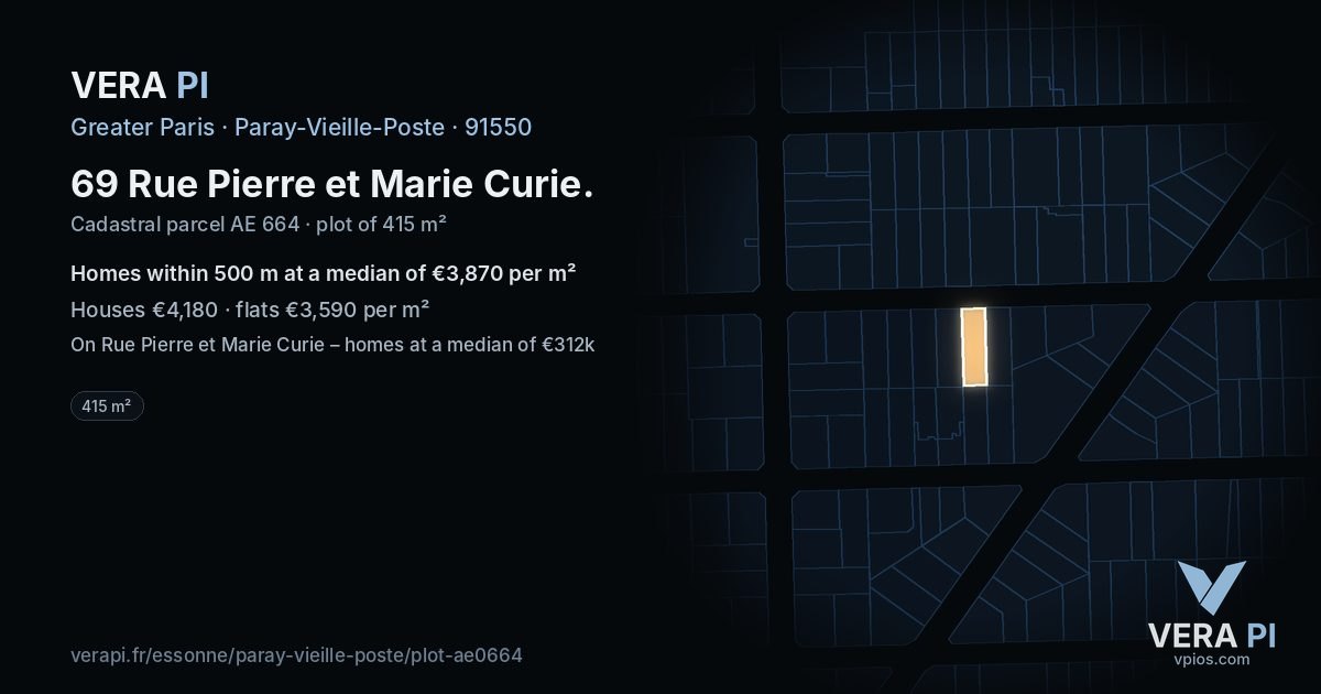 69 Rue Pierre et Marie Curie, Paray-Vieille-Poste at night – the plot lit, the parcels around coloured by the prices near them