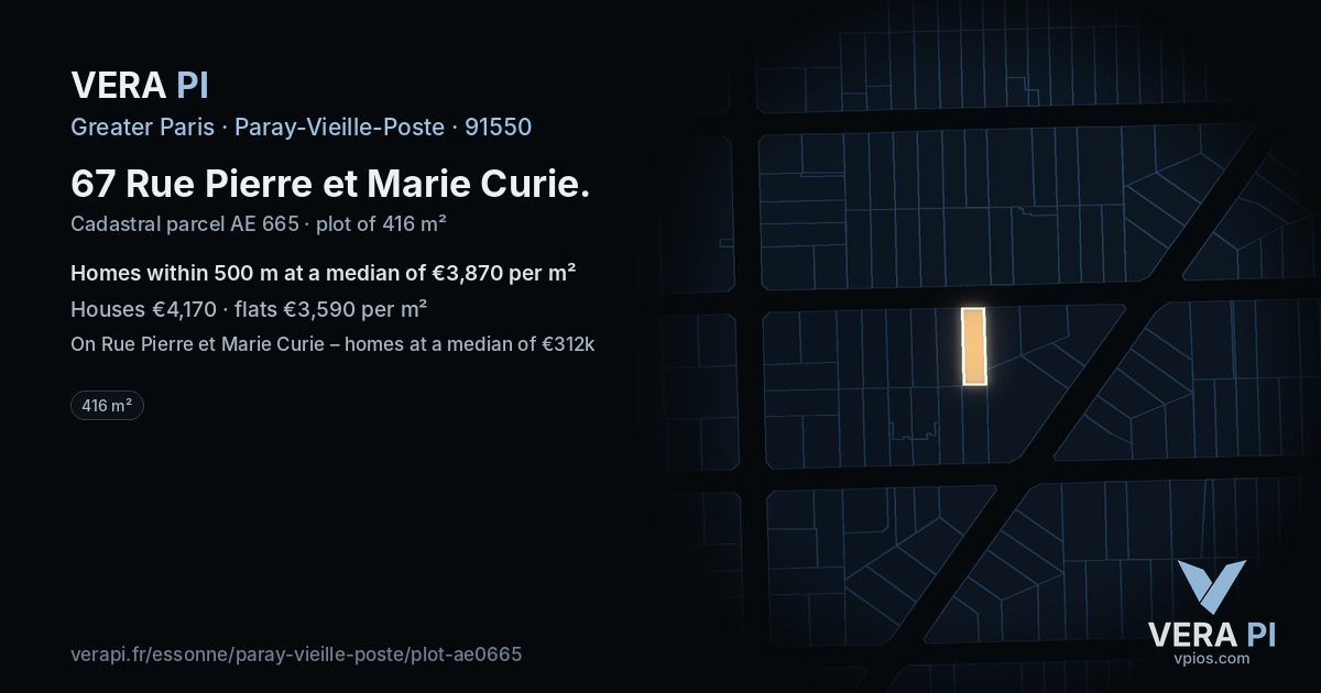 67 Rue Pierre et Marie Curie, Paray-Vieille-Poste at night – the plot lit, the parcels around coloured by the prices near them