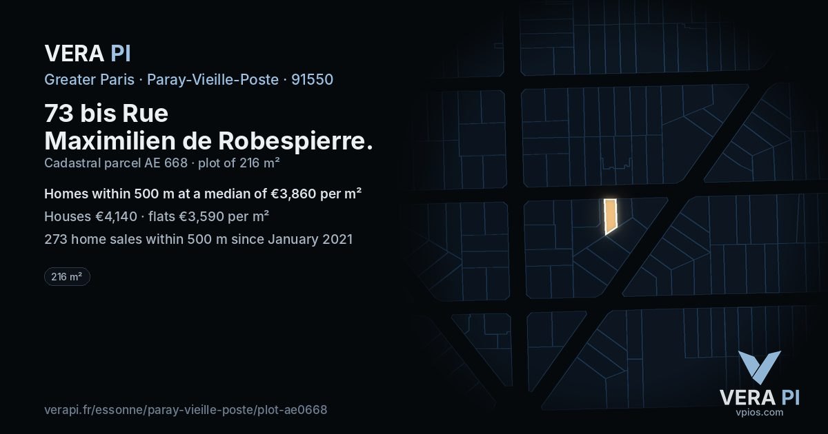 73 bis Rue Maximilien de Robespierre, Paray-Vieille-Poste at night – the plot lit, the parcels around coloured by the prices near them