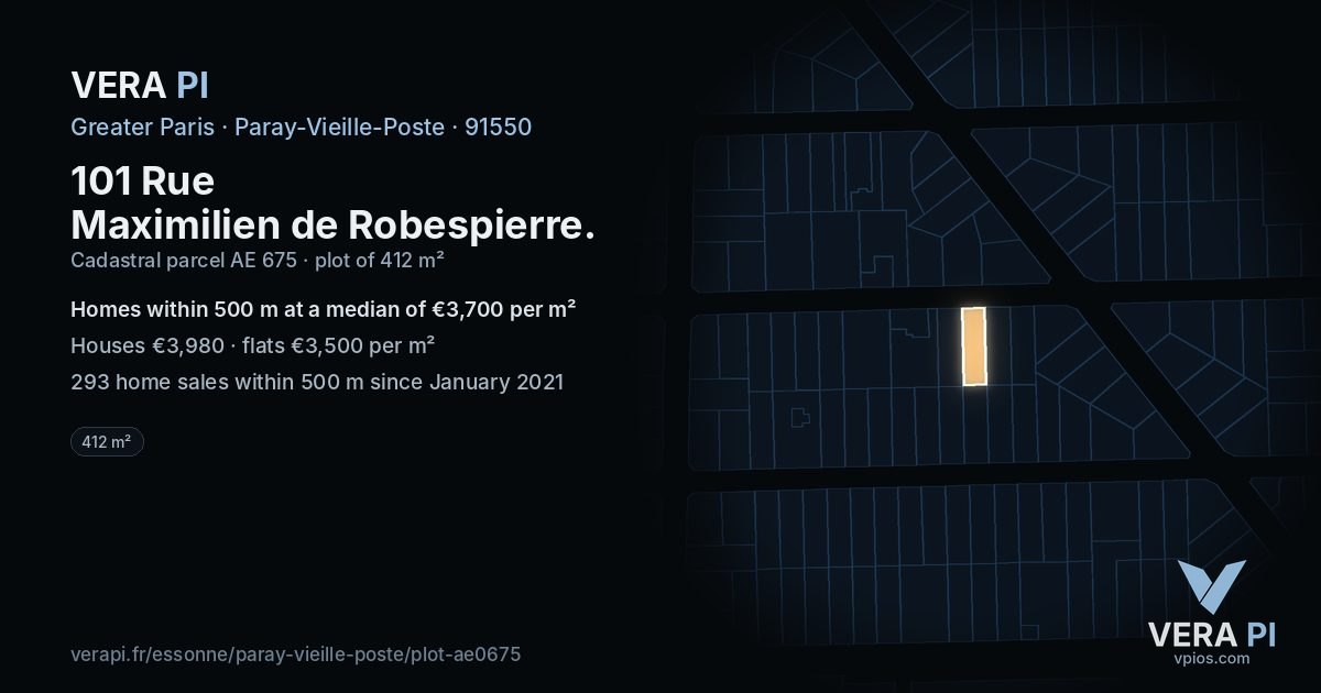 101 Rue Maximilien de Robespierre, Paray-Vieille-Poste at night – the plot lit, the parcels around coloured by the prices near them