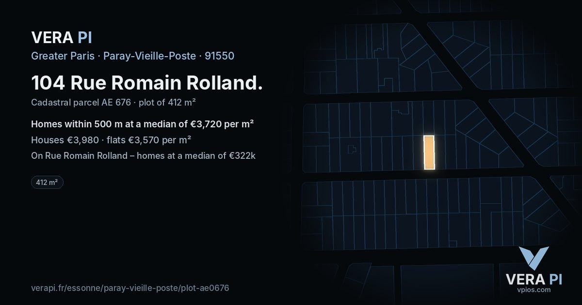 104 Rue Romain Rolland, Paray-Vieille-Poste at night – the plot lit, the parcels around coloured by the prices near them