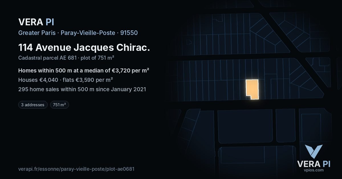 114 Avenue Jacques Chirac, Paray-Vieille-Poste at night – the plot lit, the parcels around coloured by the prices near them