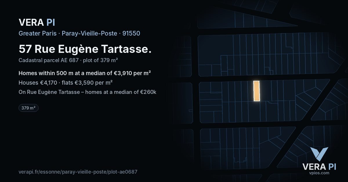 57 Rue Eugène Tartasse, Paray-Vieille-Poste at night – the plot lit, the parcels around coloured by the prices near them