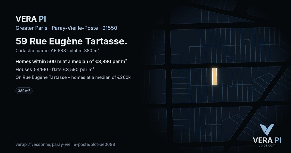 59 Rue Eugène Tartasse, Paray-Vieille-Poste at night – the plot lit, the parcels around coloured by the prices near them