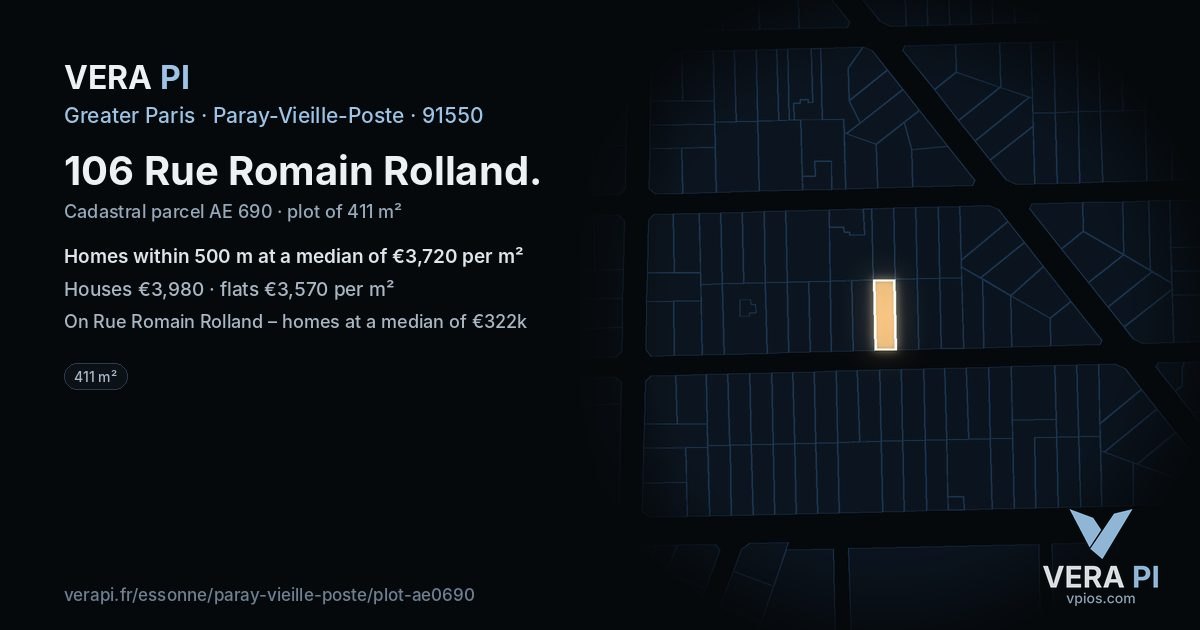 106 Rue Romain Rolland, Paray-Vieille-Poste at night – the plot lit, the parcels around coloured by the prices near them