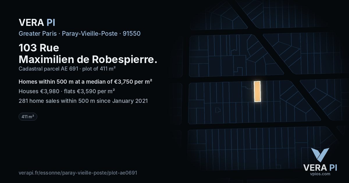 103 Rue Maximilien de Robespierre, Paray-Vieille-Poste at night – the plot lit, the parcels around coloured by the prices near them