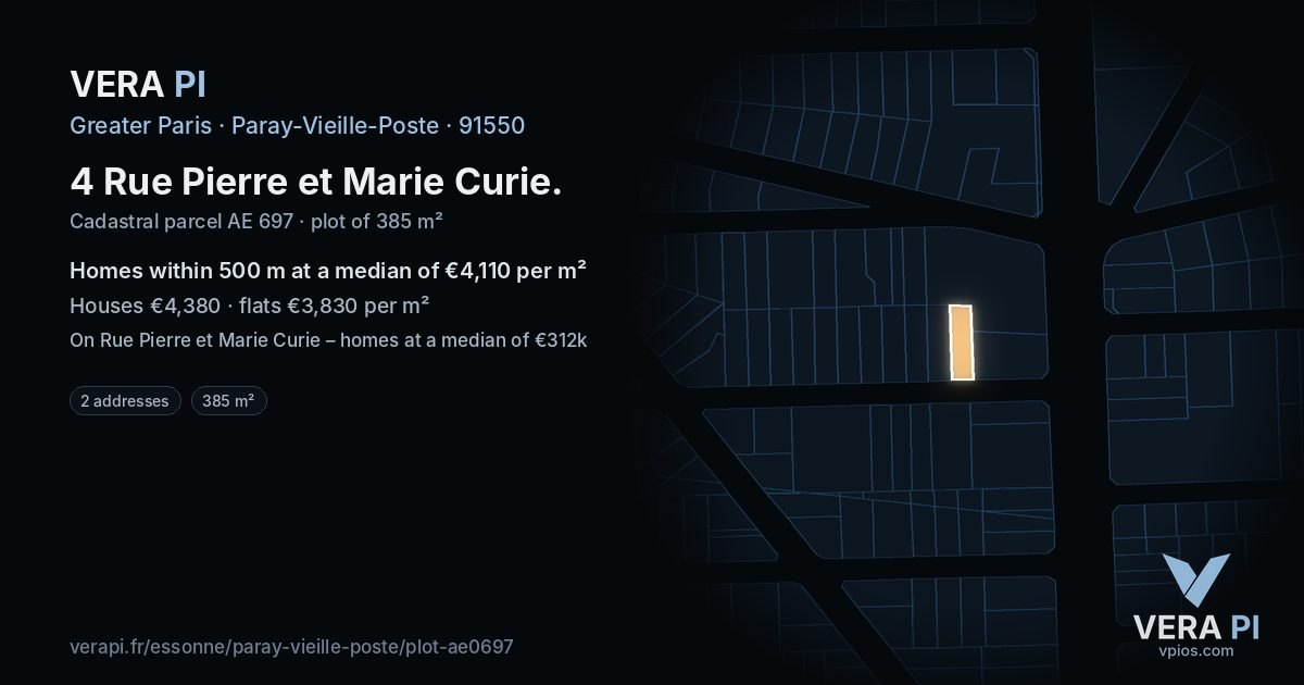 4 Rue Pierre et Marie Curie, Paray-Vieille-Poste at night – the plot lit, the parcels around coloured by the prices near them