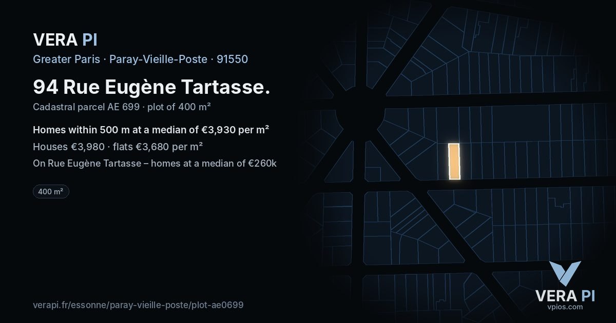 94 Rue Eugène Tartasse, Paray-Vieille-Poste at night – the plot lit, the parcels around coloured by the prices near them