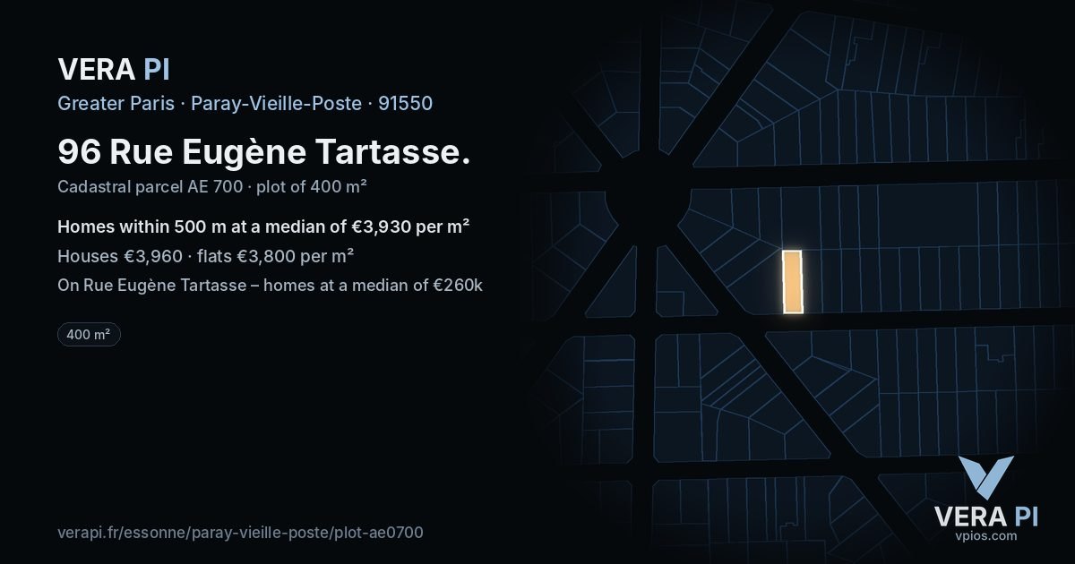 96 Rue Eugène Tartasse, Paray-Vieille-Poste at night – the plot lit, the parcels around coloured by the prices near them