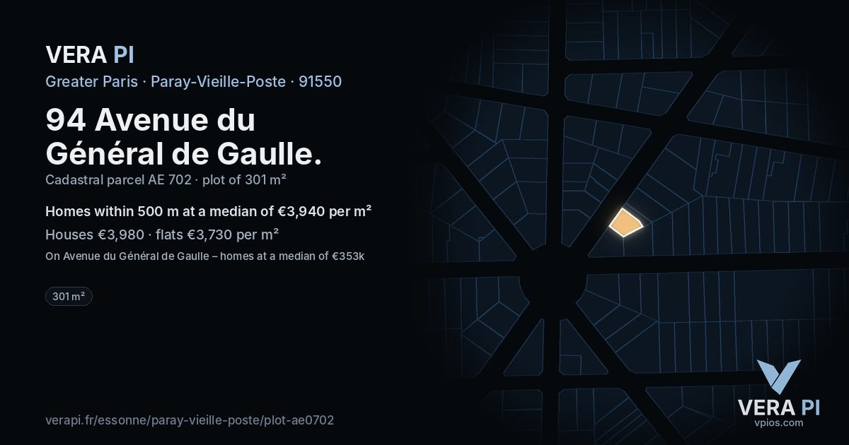 94 Avenue du Général de Gaulle, Paray-Vieille-Poste at night – the plot lit, the parcels around coloured by the prices near them