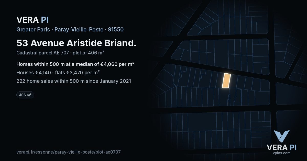 53 Avenue Aristide Briand, Paray-Vieille-Poste at night – the plot lit, the parcels around coloured by the prices near them