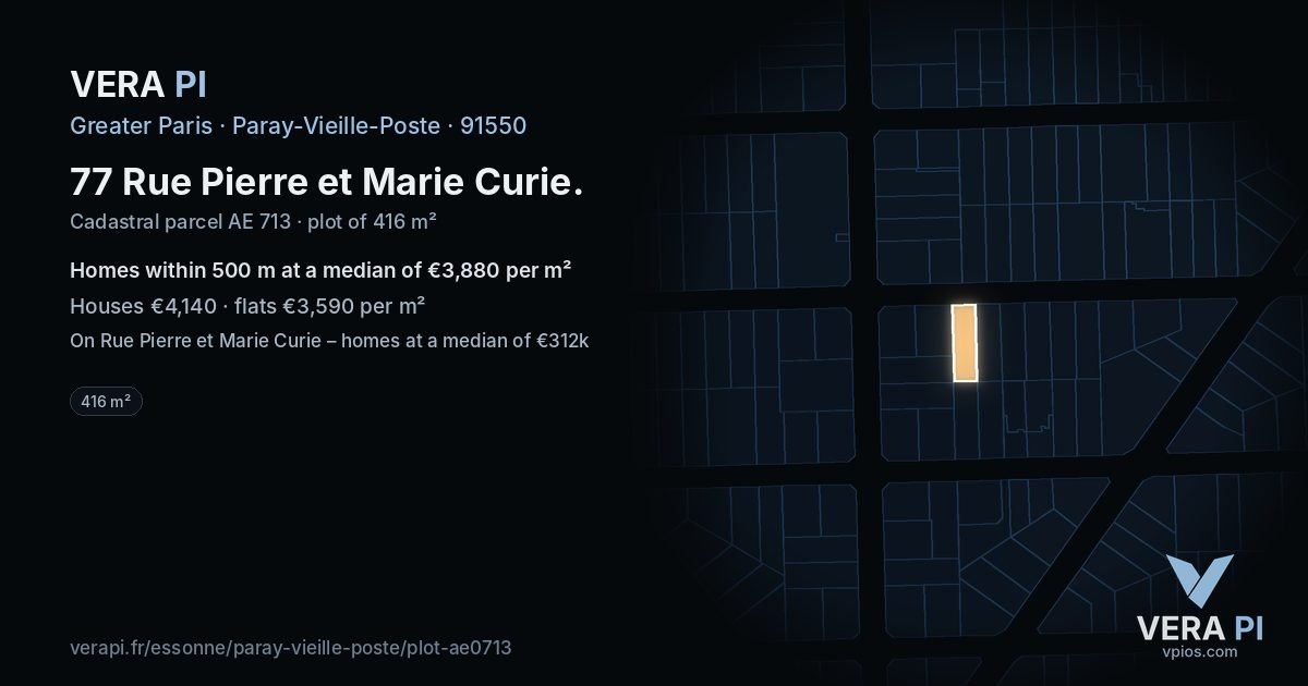 77 Rue Pierre et Marie Curie, Paray-Vieille-Poste at night – the plot lit, the parcels around coloured by the prices near them