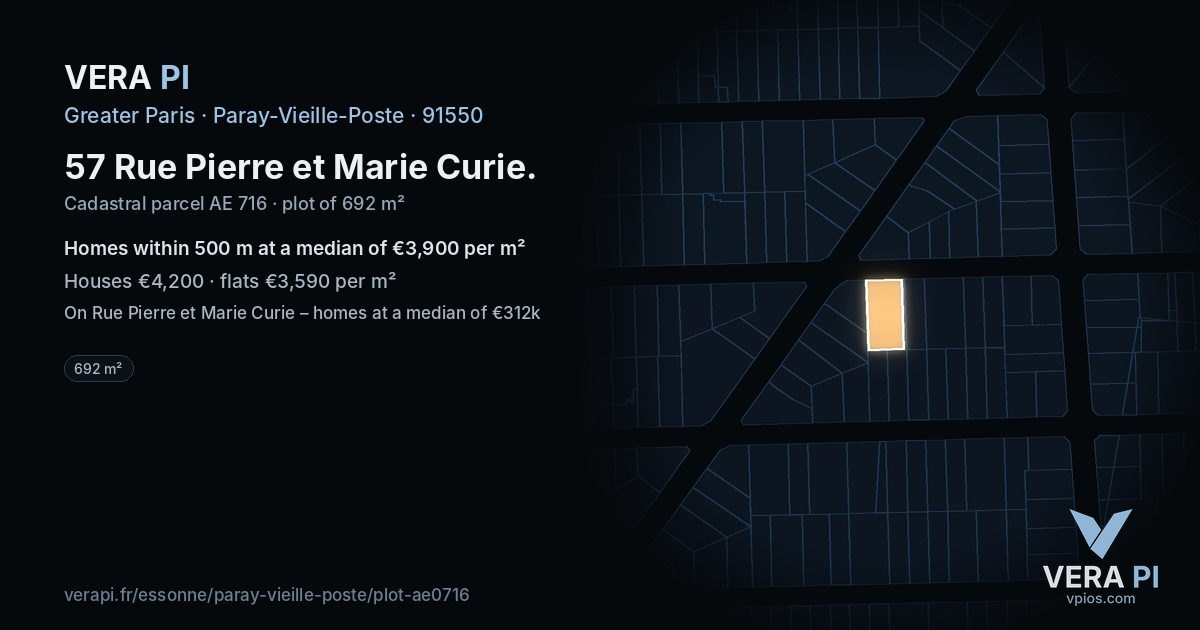 57 Rue Pierre et Marie Curie, Paray-Vieille-Poste at night – the plot lit, the parcels around coloured by the prices near them