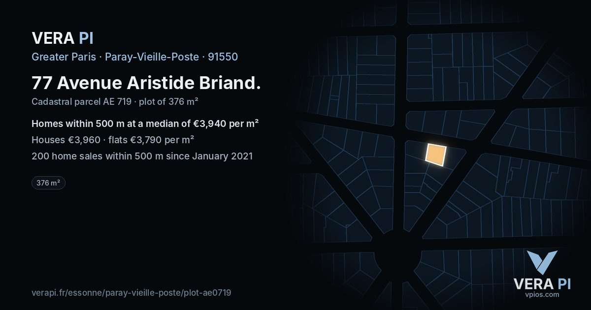 77 Avenue Aristide Briand, Paray-Vieille-Poste at night – the plot lit, the parcels around coloured by the prices near them