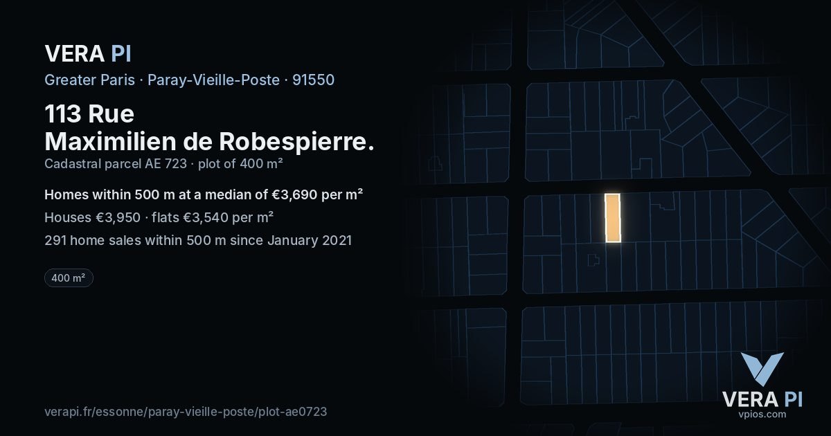 113 Rue Maximilien de Robespierre, Paray-Vieille-Poste at night – the plot lit, the parcels around coloured by the prices near them