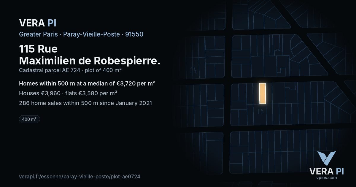 115 Rue Maximilien de Robespierre, Paray-Vieille-Poste at night – the plot lit, the parcels around coloured by the prices near them