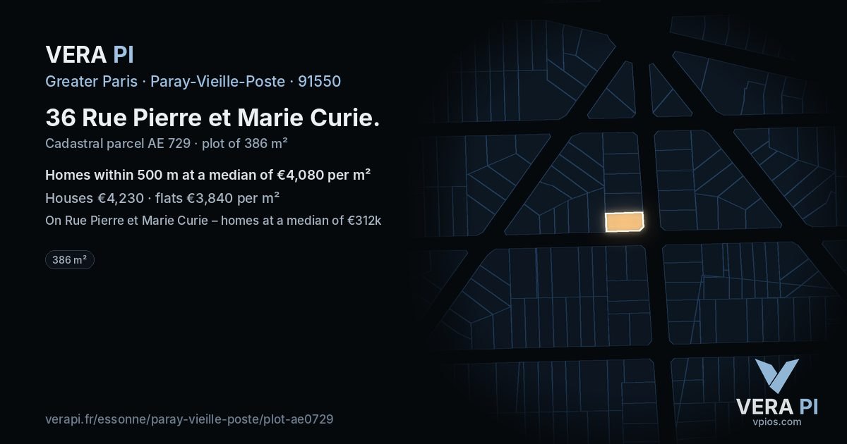 36 Rue Pierre et Marie Curie, Paray-Vieille-Poste at night – the plot lit, the parcels around coloured by the prices near them