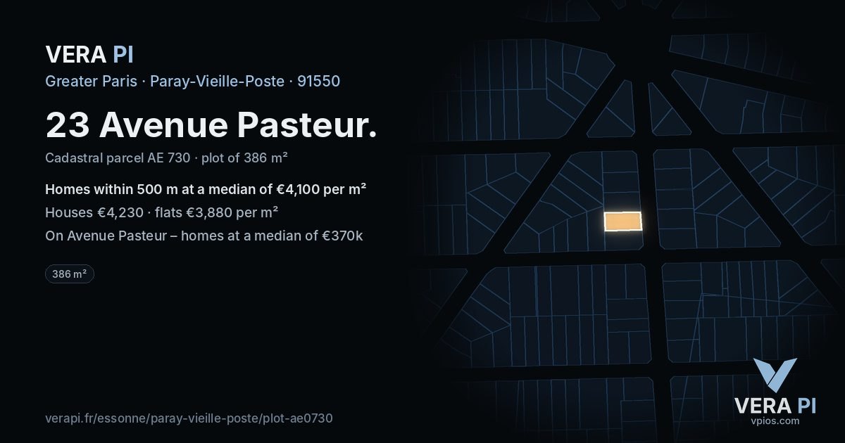 23 Avenue Pasteur, Paray-Vieille-Poste at night – the plot lit, the parcels around coloured by the prices near them