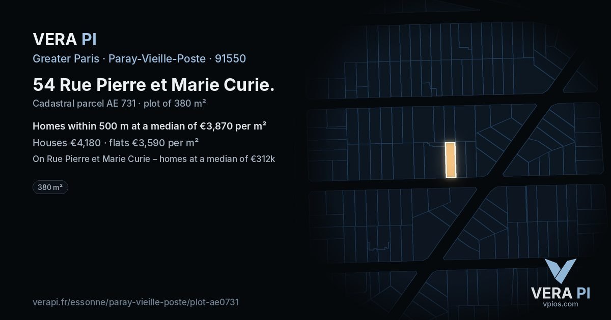 54 Rue Pierre et Marie Curie, Paray-Vieille-Poste at night – the plot lit, the parcels around coloured by the prices near them