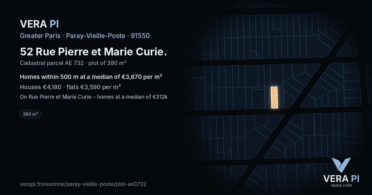 52 Rue Pierre et Marie Curie, Paray-Vieille-Poste at night – the plot lit, the parcels around coloured by the prices near them