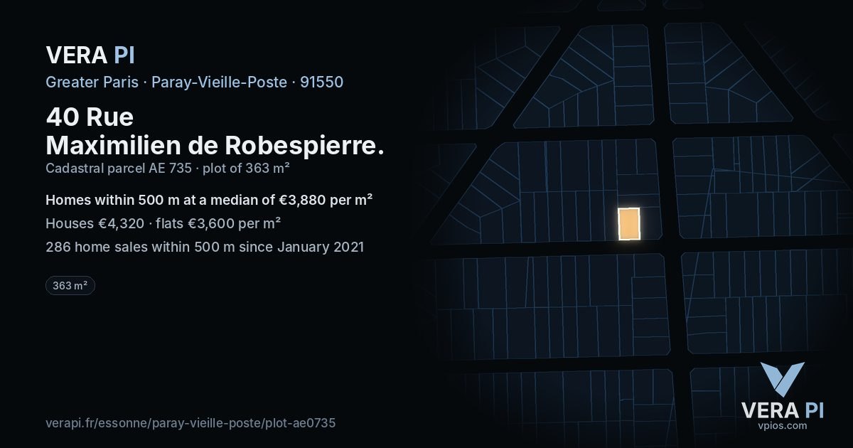 40 Rue Maximilien de Robespierre, Paray-Vieille-Poste at night – the plot lit, the parcels around coloured by the prices near them
