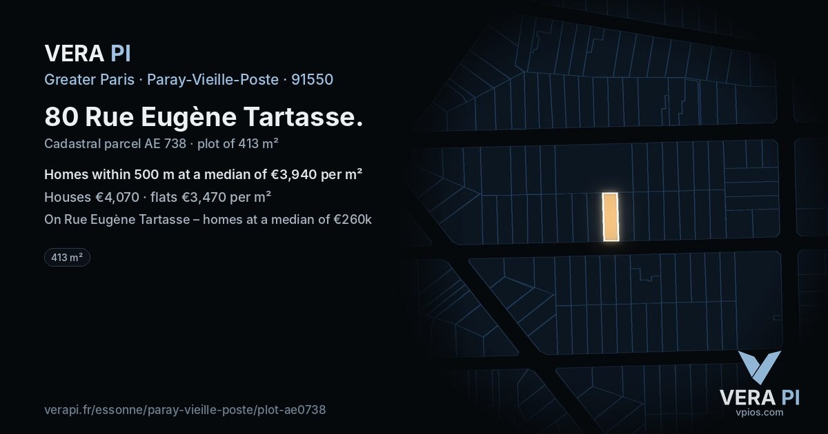 80 Rue Eugène Tartasse, Paray-Vieille-Poste at night – the plot lit, the parcels around coloured by the prices near them