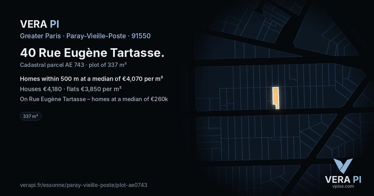 40 Rue Eugène Tartasse, Paray-Vieille-Poste at night – the plot lit, the parcels around coloured by the prices near them