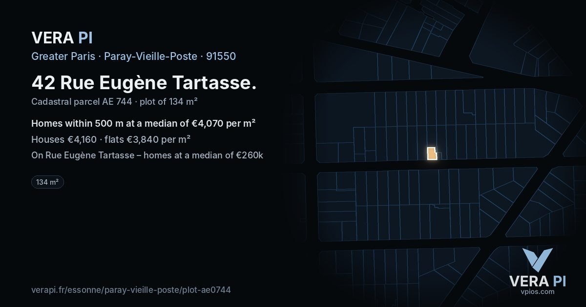 42 Rue Eugène Tartasse, Paray-Vieille-Poste at night – the plot lit, the parcels around coloured by the prices near them